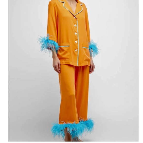 SLEEPER CROPPED DETACHABLE FEATHER-TRIM PARTY PAJAMA SET IN ORANGE - Size XS - Picture 4 of 13